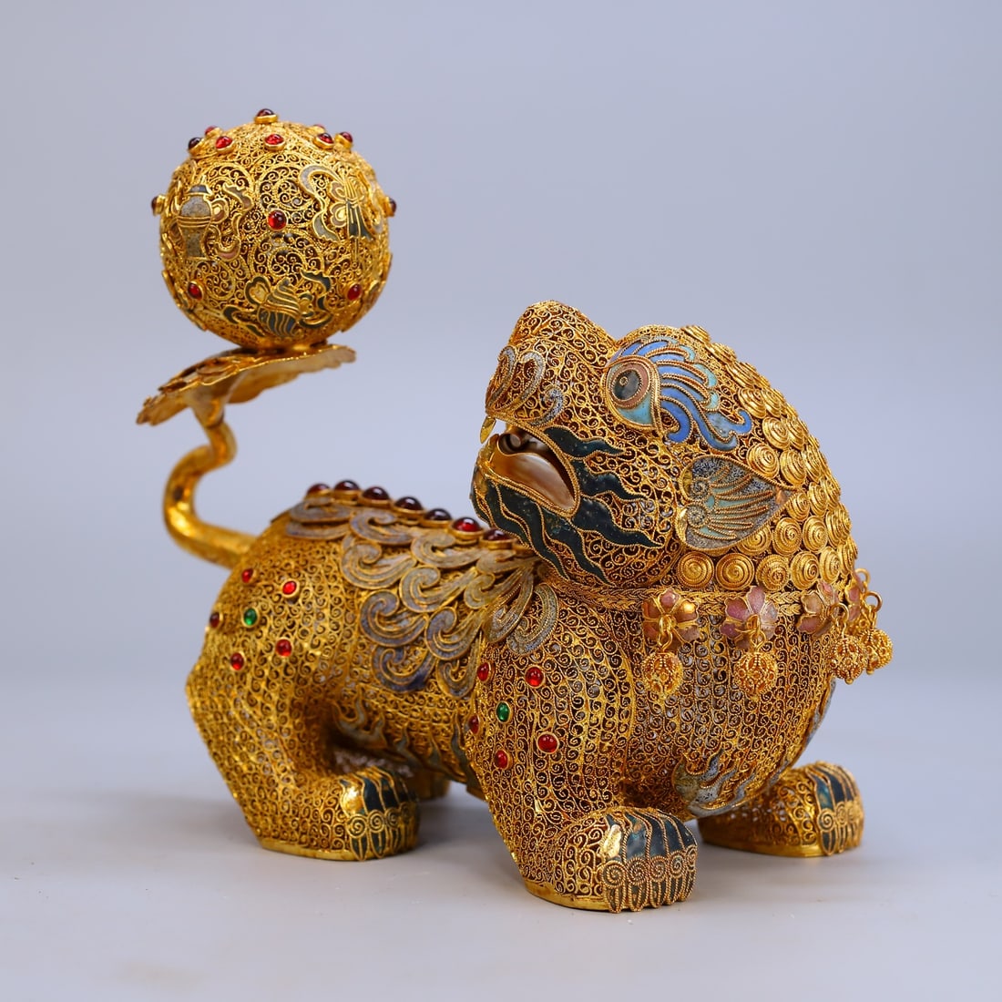 Exquisite Chinese Gold Wire Enamel Fortune Lion Statue - 2