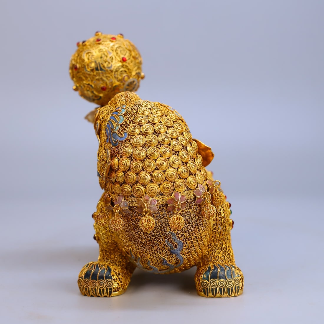 Exquisite Chinese Gold Wire Enamel Fortune Lion Statue - 3