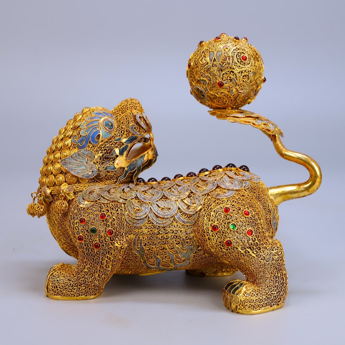 Exquisite Chinese Gold Wire Enamel Fortune Lion Statue - 4