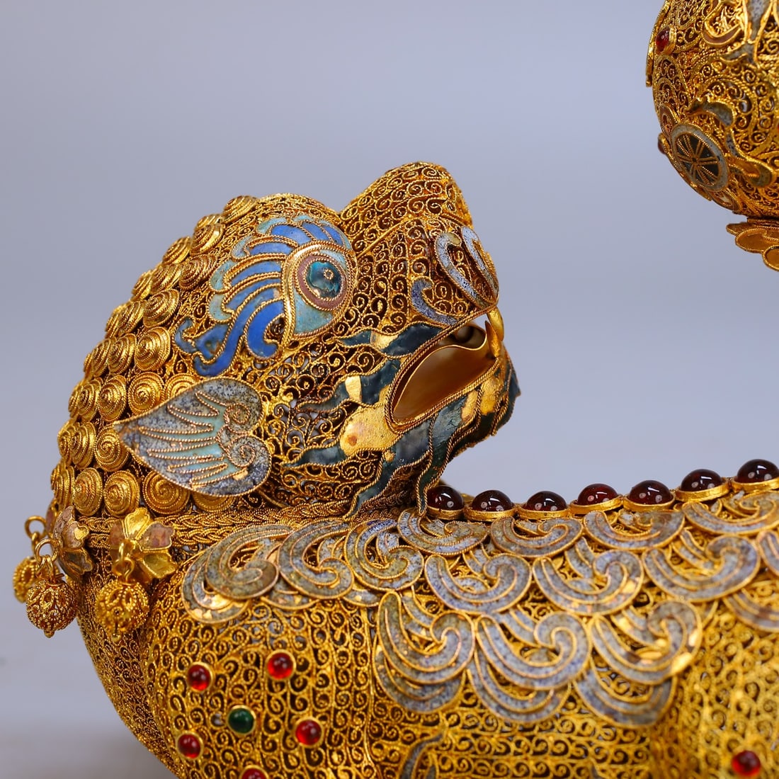 Exquisite Chinese Gold Wire Enamel Fortune Lion Statue - 5