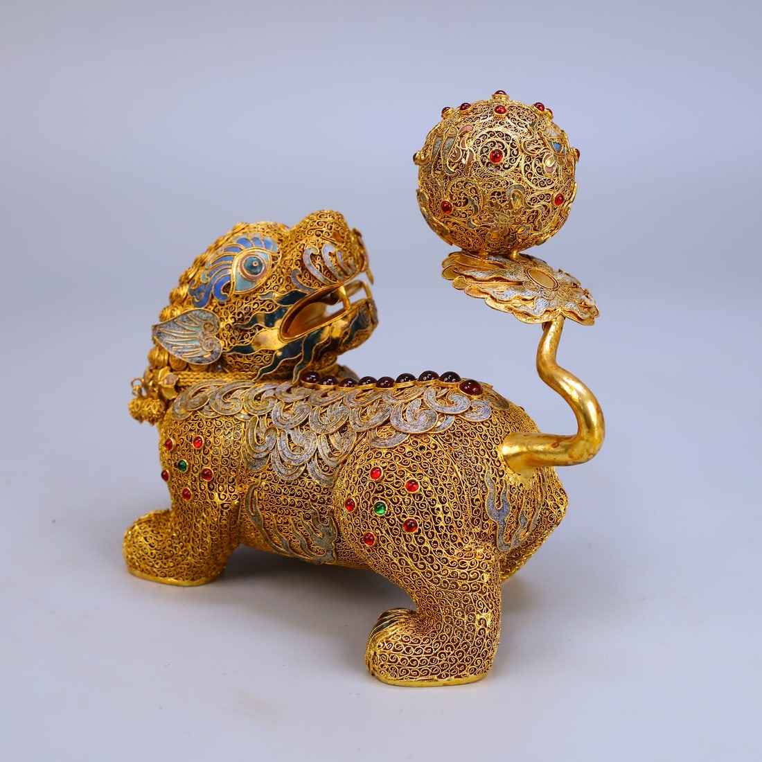 Exquisite Chinese Gold Wire Enamel Fortune Lion Statue - 6