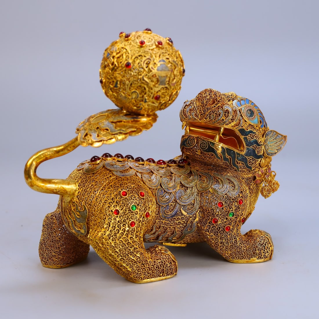 Exquisite Chinese Gold Wire Enamel Fortune Lion Statue - 8