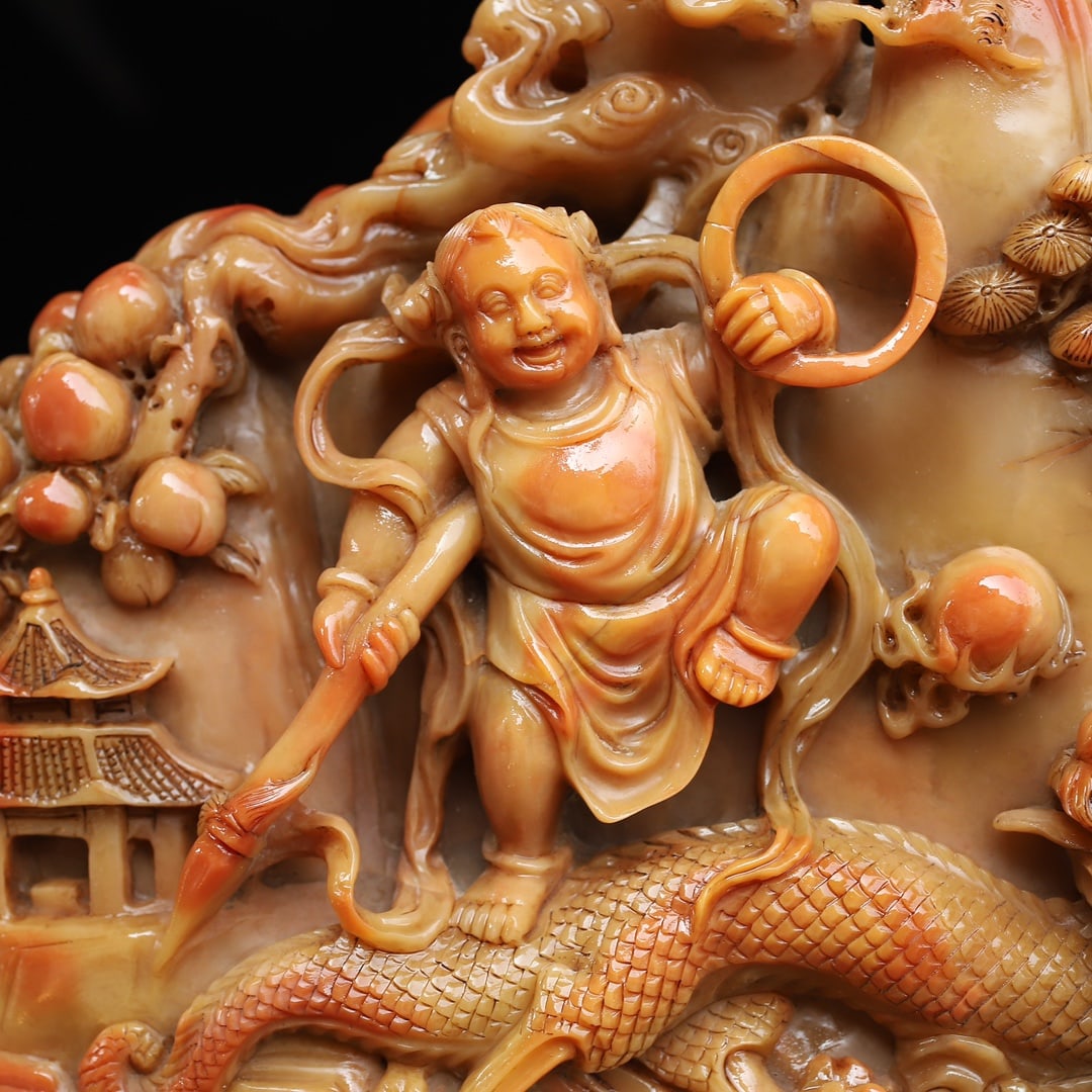 Chinese Shoushan Stone Hand Carved Dragon & Figure Statue - Nezha naohai - 10