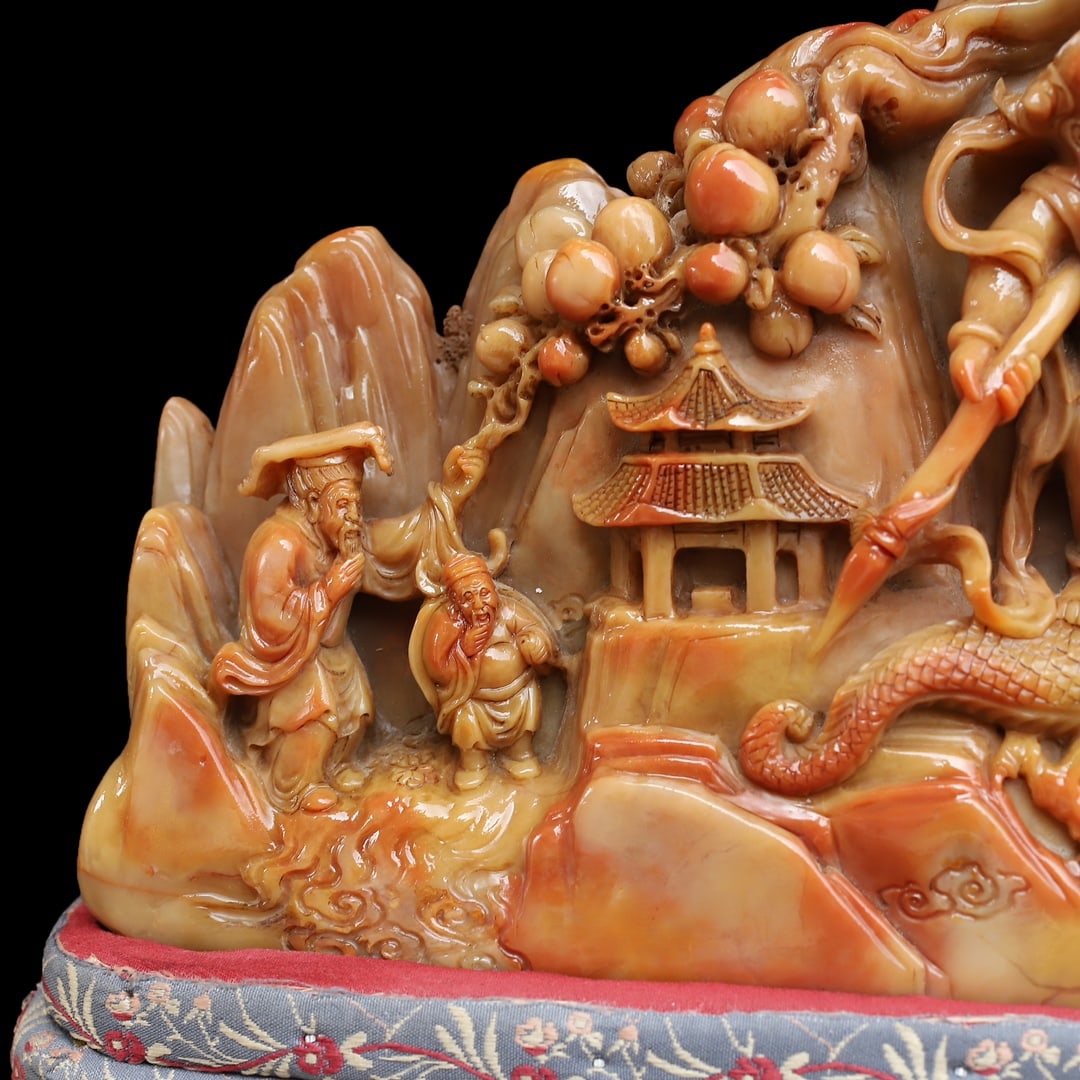 Chinese Shoushan Stone Hand Carved Dragon & Figure Statue - Nezha naohai - 11