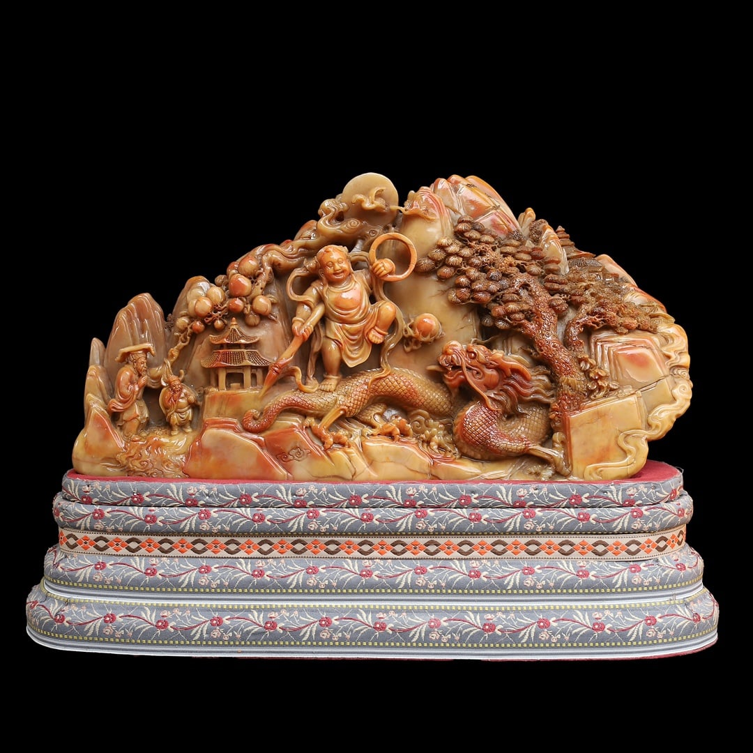 Chinese Shoushan Stone Hand Carved Dragon & Figure Statue - Nezha naohai: Title: Chinese Shoushan Stone Hand Carved Dragon & Figure Statue - Nezha naohai Origin: Chinese Date/Period: After2000 Materials: Shoushan Stone Dimensions: 410x220x100(mm) 16.14x8.66x3.94(inches) Wei