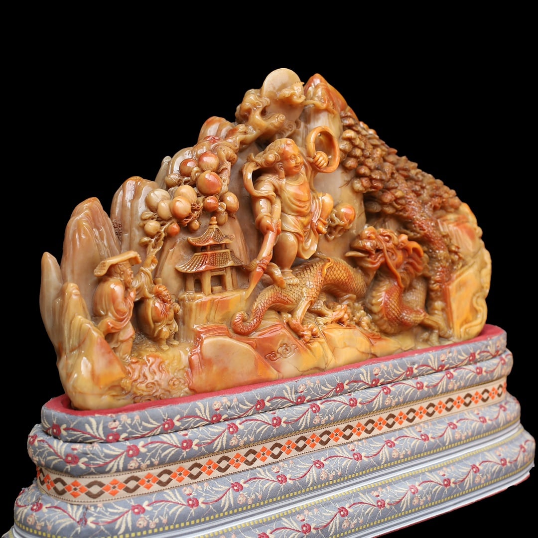 Chinese Shoushan Stone Hand Carved Dragon & Figure Statue - Nezha naohai - 2