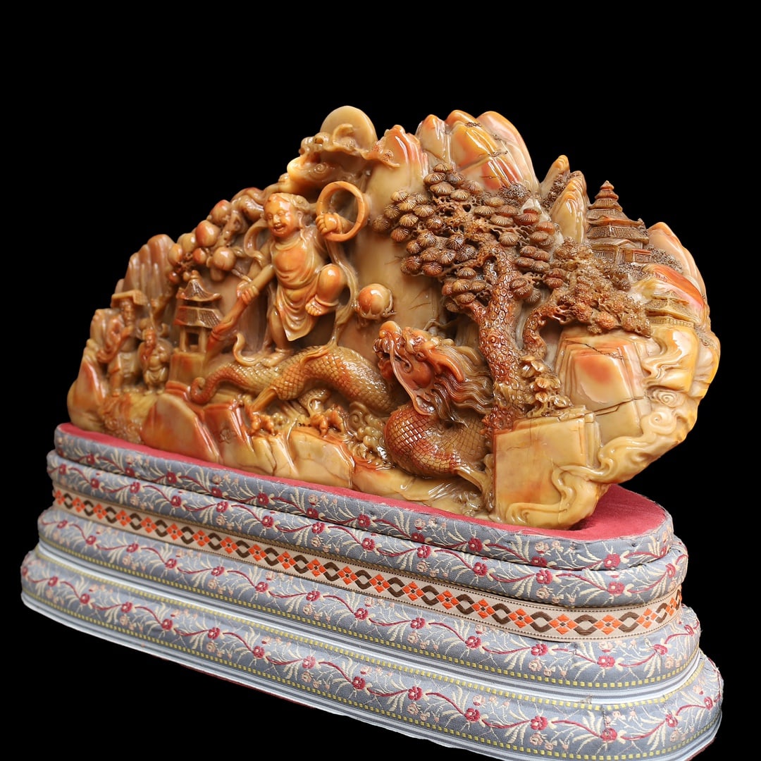 Chinese Shoushan Stone Hand Carved Dragon & Figure Statue - Nezha naohai - 3