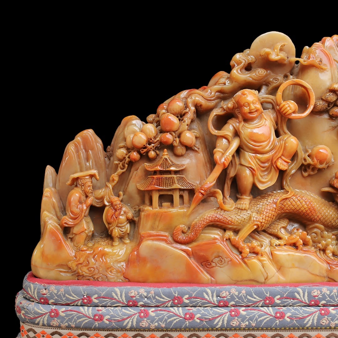 Chinese Shoushan Stone Hand Carved Dragon & Figure Statue - Nezha naohai - 4