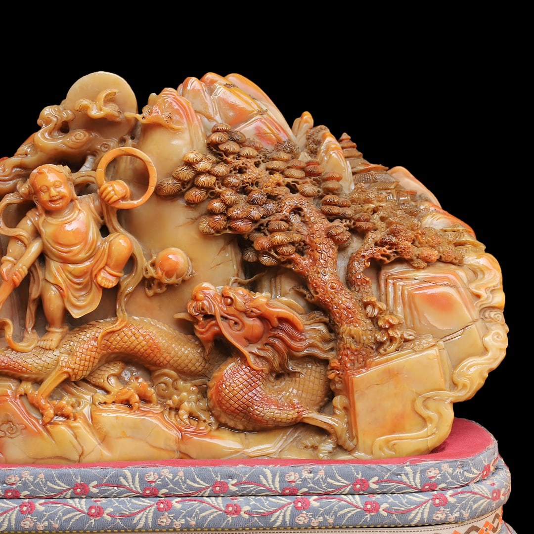 Chinese Shoushan Stone Hand Carved Dragon & Figure Statue - Nezha naohai - 5