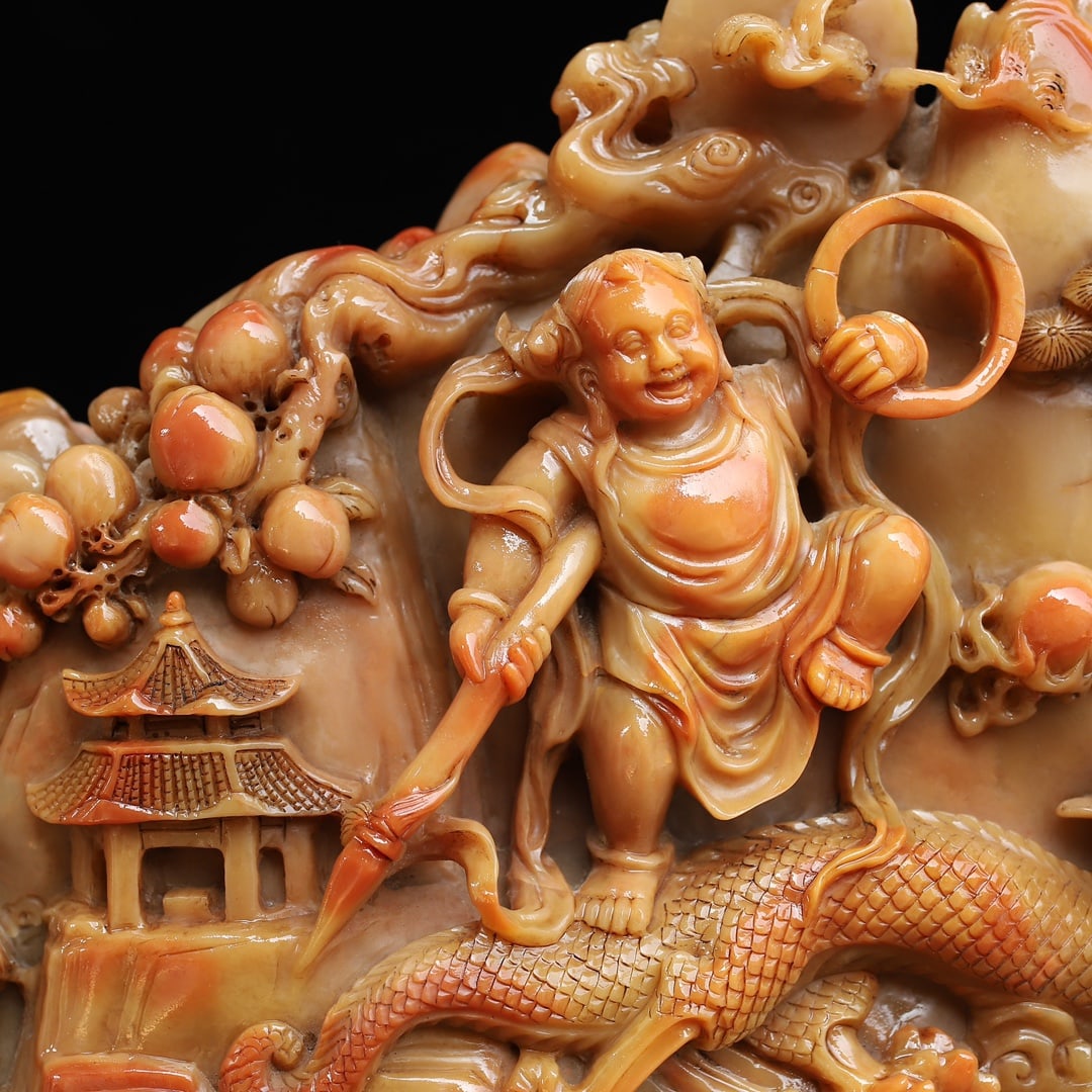 Chinese Shoushan Stone Hand Carved Dragon & Figure Statue - Nezha naohai - 7