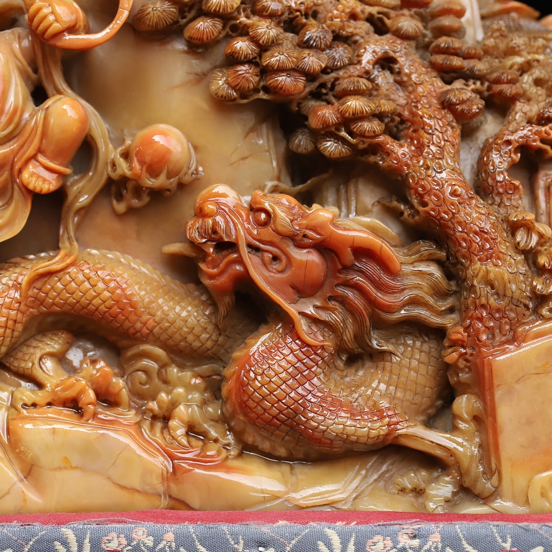 Chinese Shoushan Stone Hand Carved Dragon & Figure Statue - Nezha naohai - 8