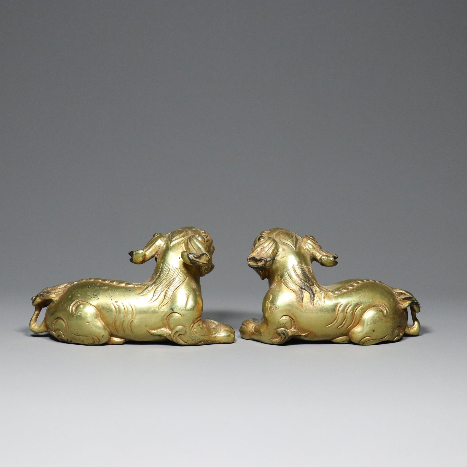 A Pair Chinese Gilt Gold Copper Beast Statue - 2