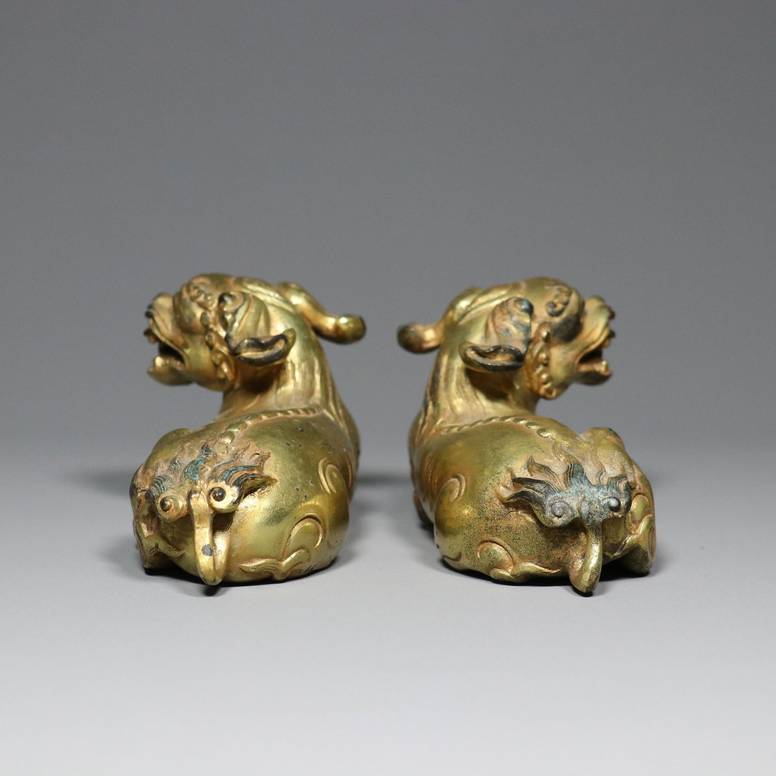 A Pair Chinese Gilt Gold Copper Beast Statue - 5