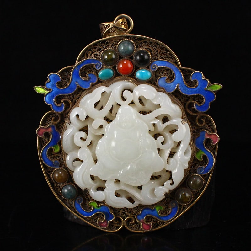 Openwork Old Pure Silver Wires Inlay Gem & White Hetian Jade Laughing Buddha (1 of 10)