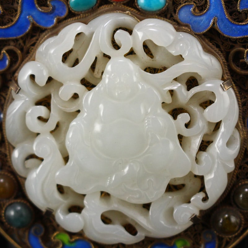 Openwork Old Pure Silver Wires Inlay Gem & White Hetian Jade Laughing Buddha - 2