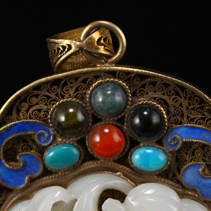 Openwork Old Pure Silver Wires Inlay Gem & White Hetian Jade Laughing Buddha - 3