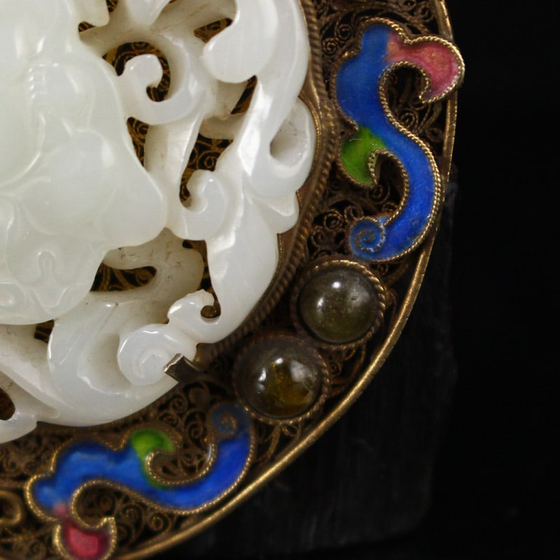 Openwork Old Pure Silver Wires Inlay Gem & White Hetian Jade Laughing Buddha - 4