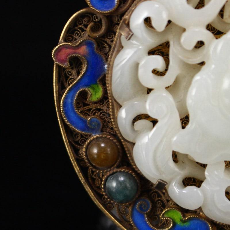 Openwork Old Pure Silver Wires Inlay Gem & White Hetian Jade Laughing Buddha - 5