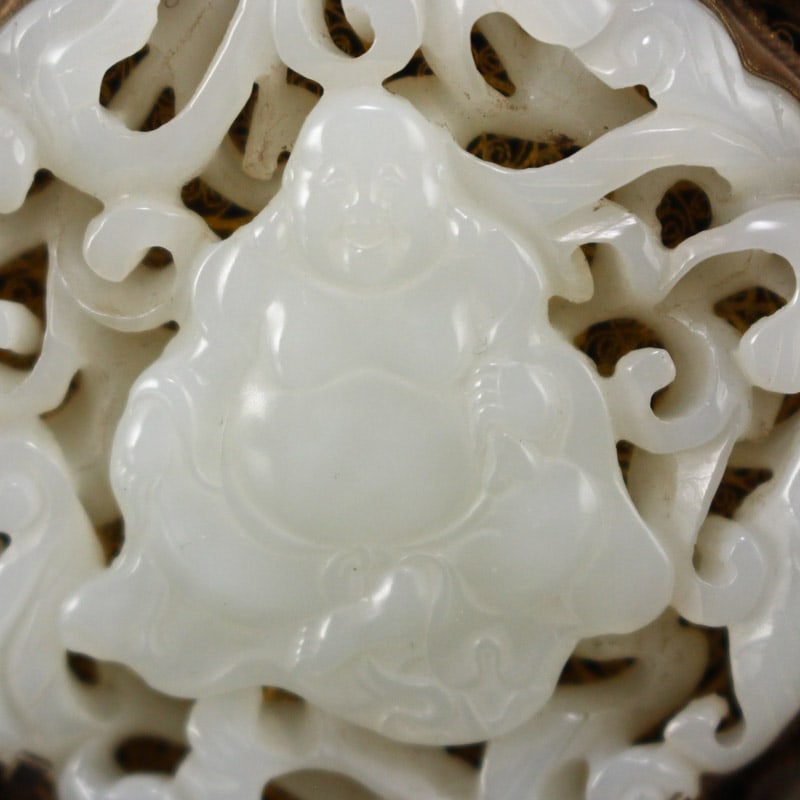 Openwork Old Pure Silver Wires Inlay Gem & White Hetian Jade Laughing Buddha - 7