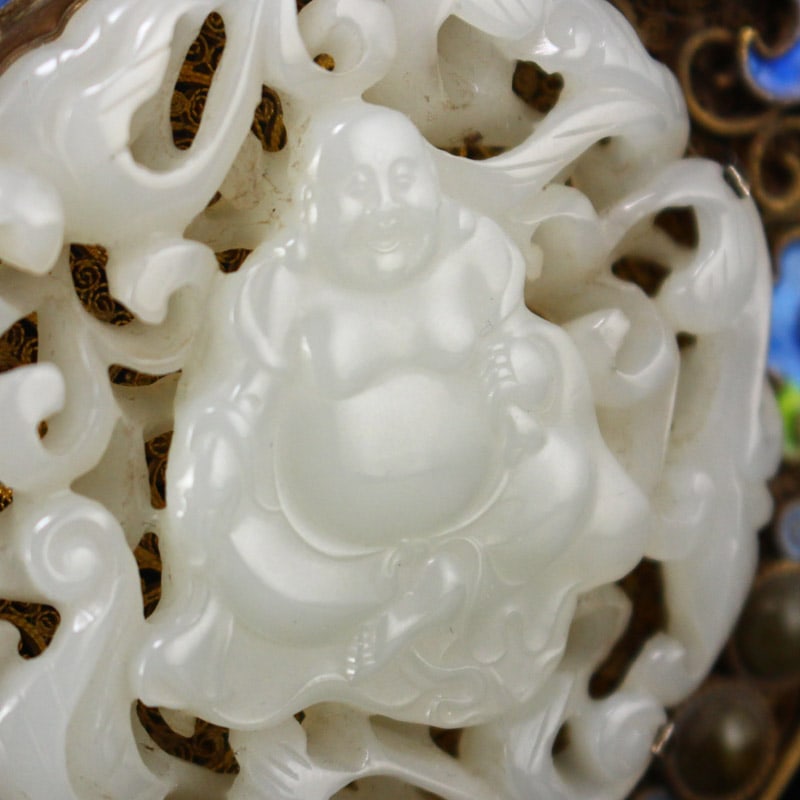 Openwork Old Pure Silver Wires Inlay Gem & White Hetian Jade Laughing Buddha - 8