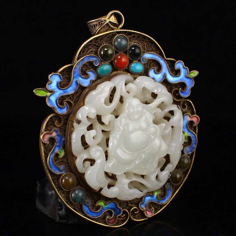 Openwork Old Pure Silver Wires Inlay Gem & White Hetian Jade Laughing Buddha - 9
