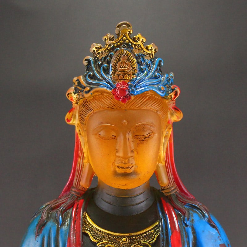 Old Hand Drawn Gilt Gold Peking Glass Lotus Flower Kwan-yin Statue - 2