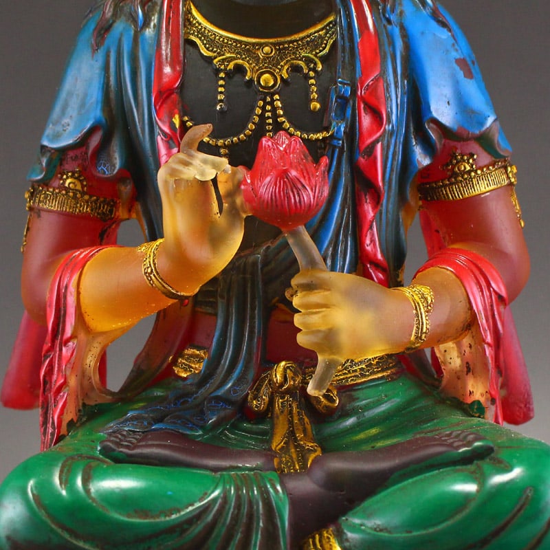 Old Hand Drawn Gilt Gold Peking Glass Lotus Flower Kwan-yin Statue - 3