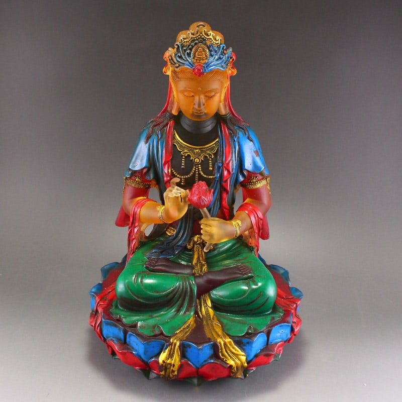 Old Hand Drawn Gilt Gold Peking Glass Lotus Flower Kwan-yin Statue - 4