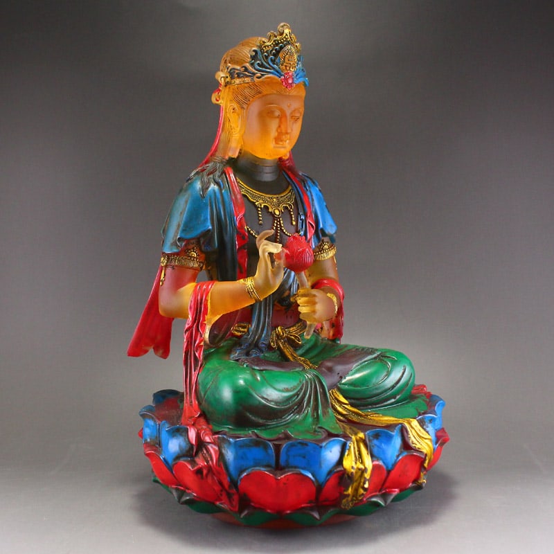 Old Hand Drawn Gilt Gold Peking Glass Lotus Flower Kwan-yin Statue - 5