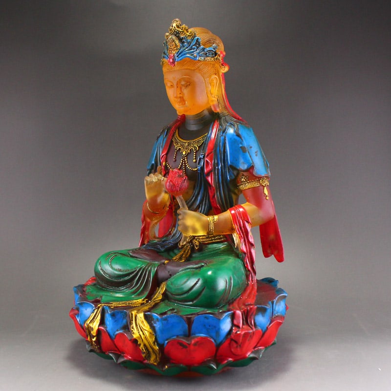 Old Hand Drawn Gilt Gold Peking Glass Lotus Flower Kwan-yin Statue - 8