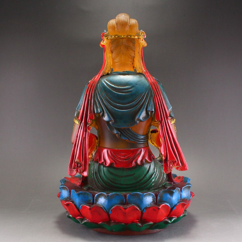 Old Hand Drawn Gilt Gold Peking Glass Lotus Flower Kwan-yin Statue - 9