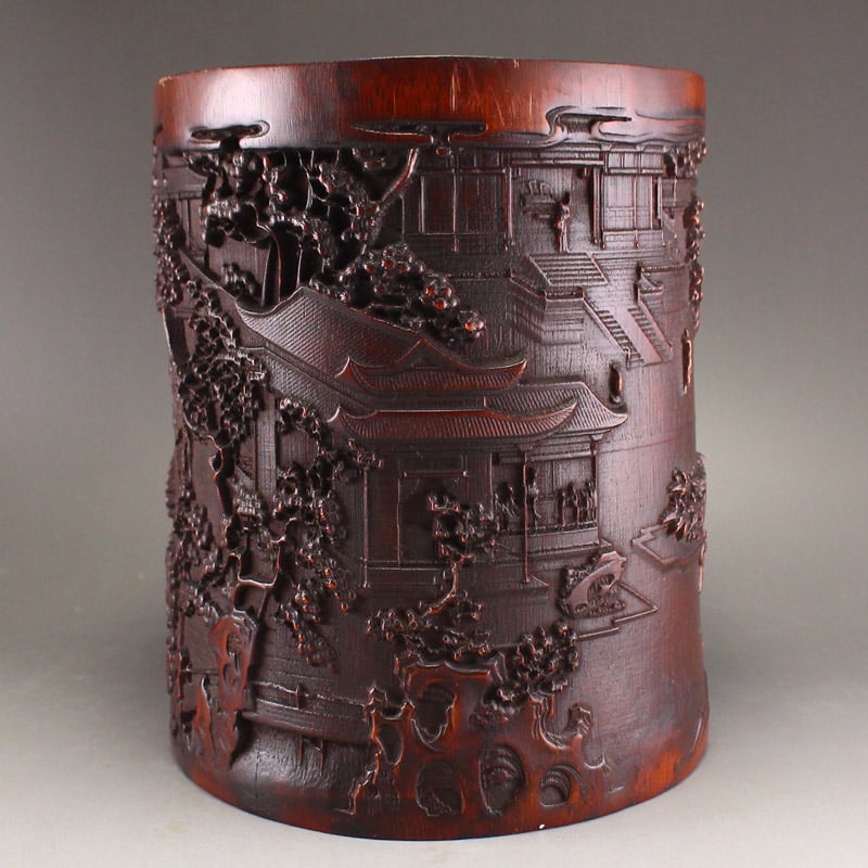 Old Chinese Bamboo Low Relief Brush Pot (1 of 7)