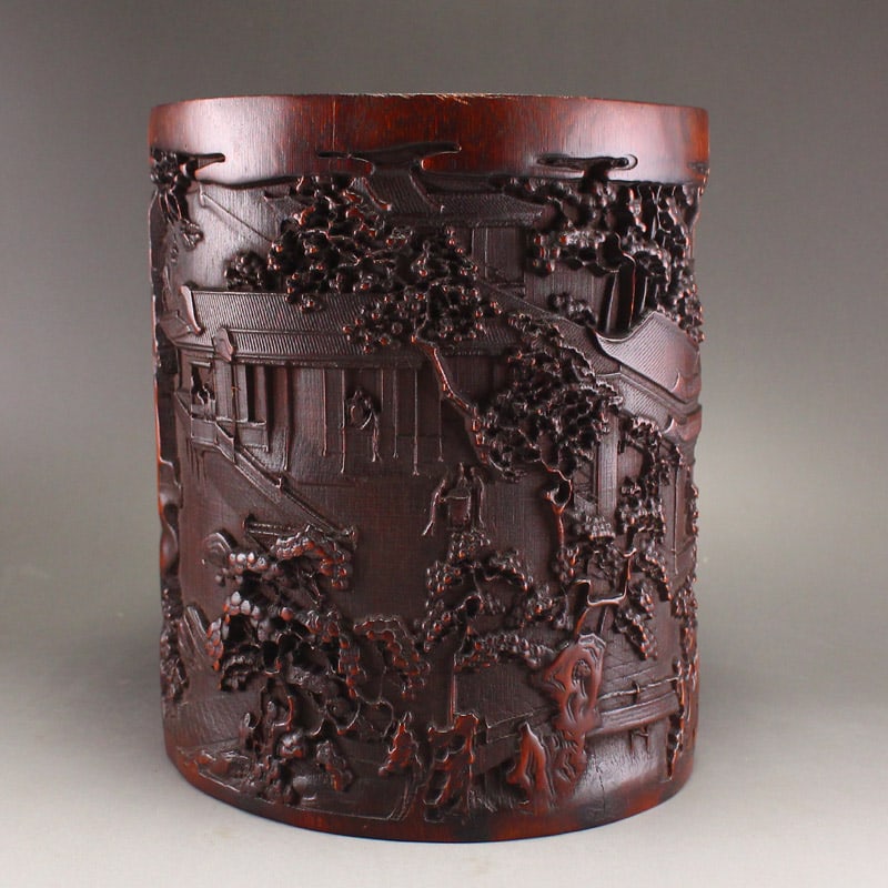Old Chinese Bamboo Low Relief Brush Pot - 3
