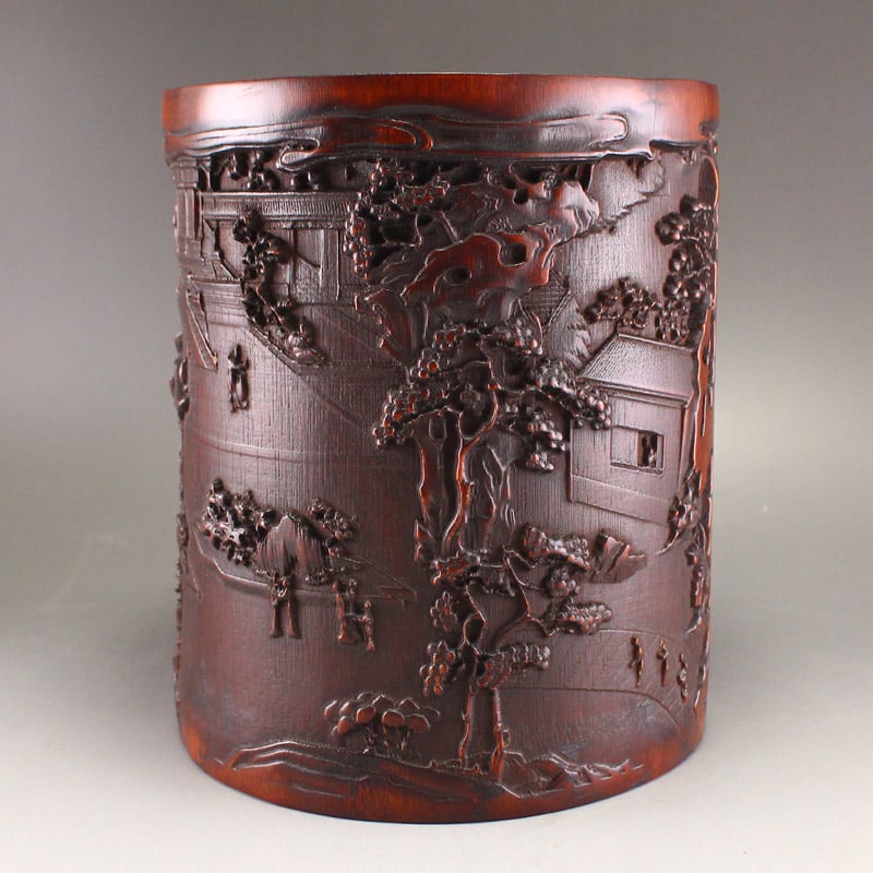 Old Chinese Bamboo Low Relief Brush Pot - 5