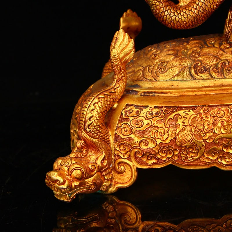 Superb Chinese Gilt Gold Copper Double Dragon Turn Heart Screen w Dragon Base - 10