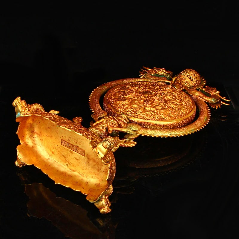 Superb Chinese Gilt Gold Copper Double Dragon Turn Heart Screen w Dragon Base - 12