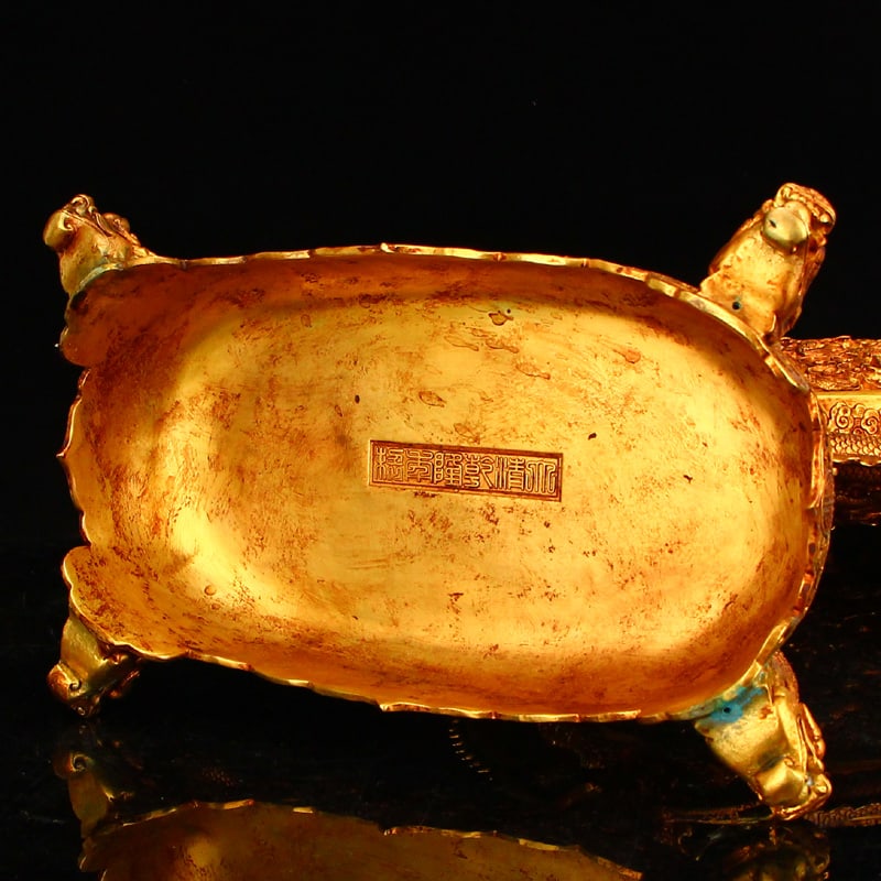 Superb Chinese Gilt Gold Copper Double Dragon Turn Heart Screen w Dragon Base - 13