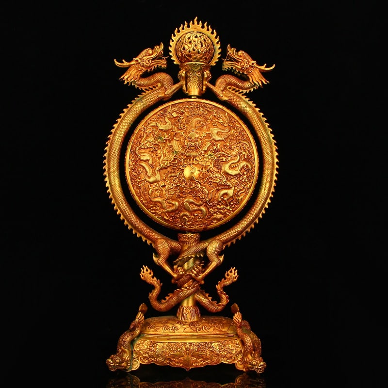 Superb Chinese Gilt Gold Copper Double Dragon Turn Heart Screen w Dragon Base (1 of 13)