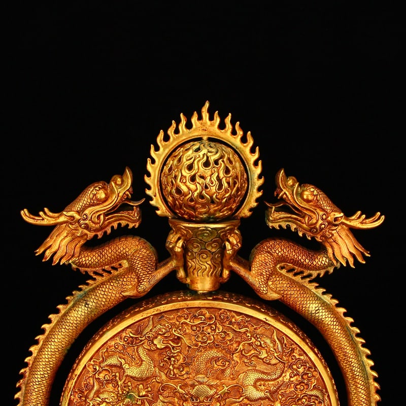 Superb Chinese Gilt Gold Copper Double Dragon Turn Heart Screen w Dragon Base - 2