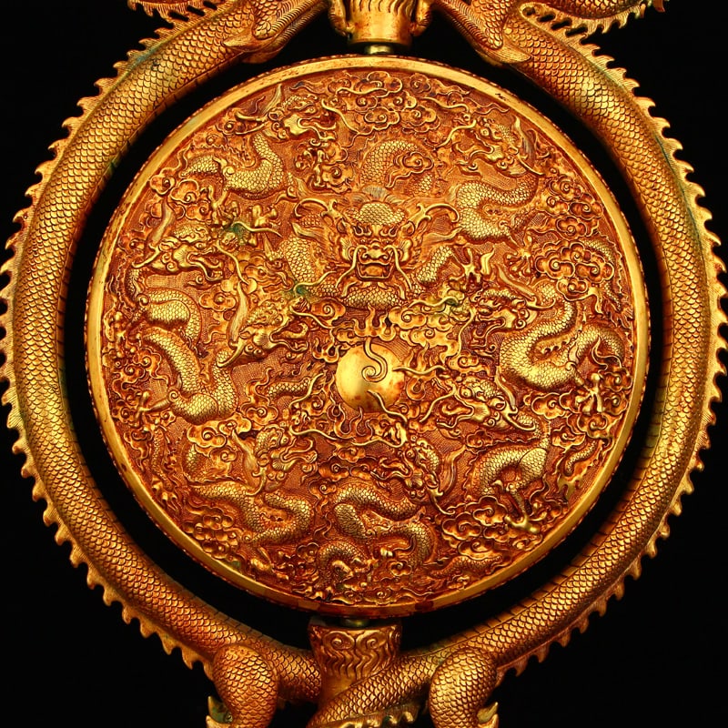Superb Chinese Gilt Gold Copper Double Dragon Turn Heart Screen w Dragon Base - 3