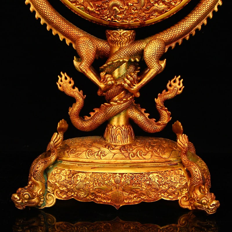 Superb Chinese Gilt Gold Copper Double Dragon Turn Heart Screen w Dragon Base - 4