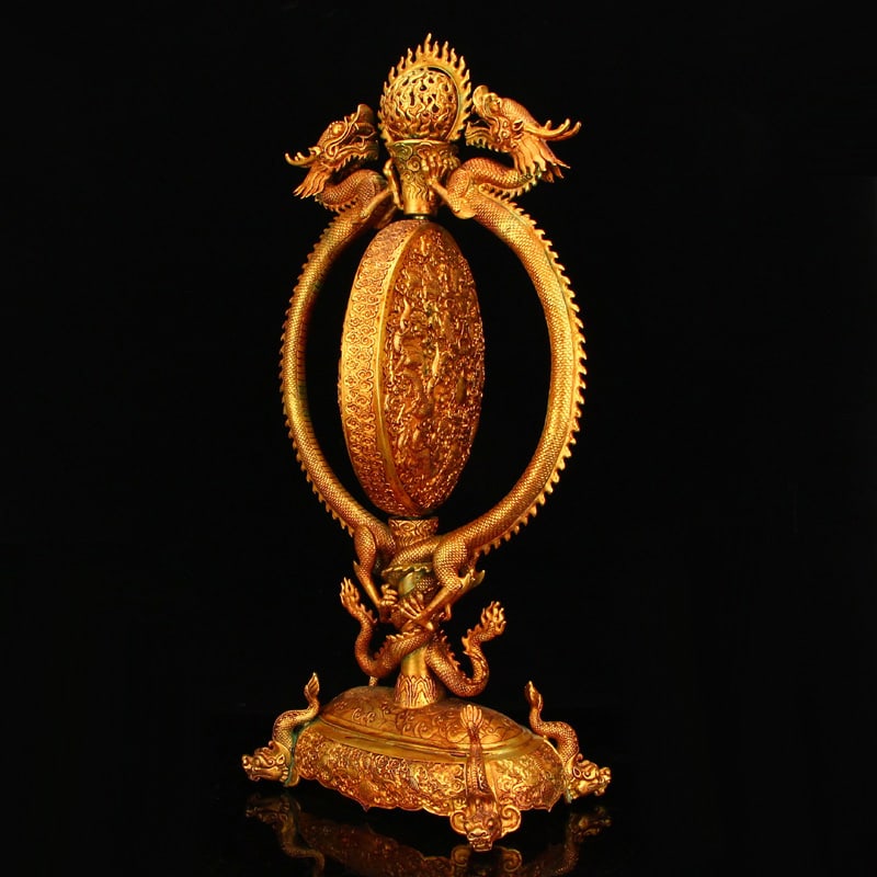 Superb Chinese Gilt Gold Copper Double Dragon Turn Heart Screen w Dragon Base - 6