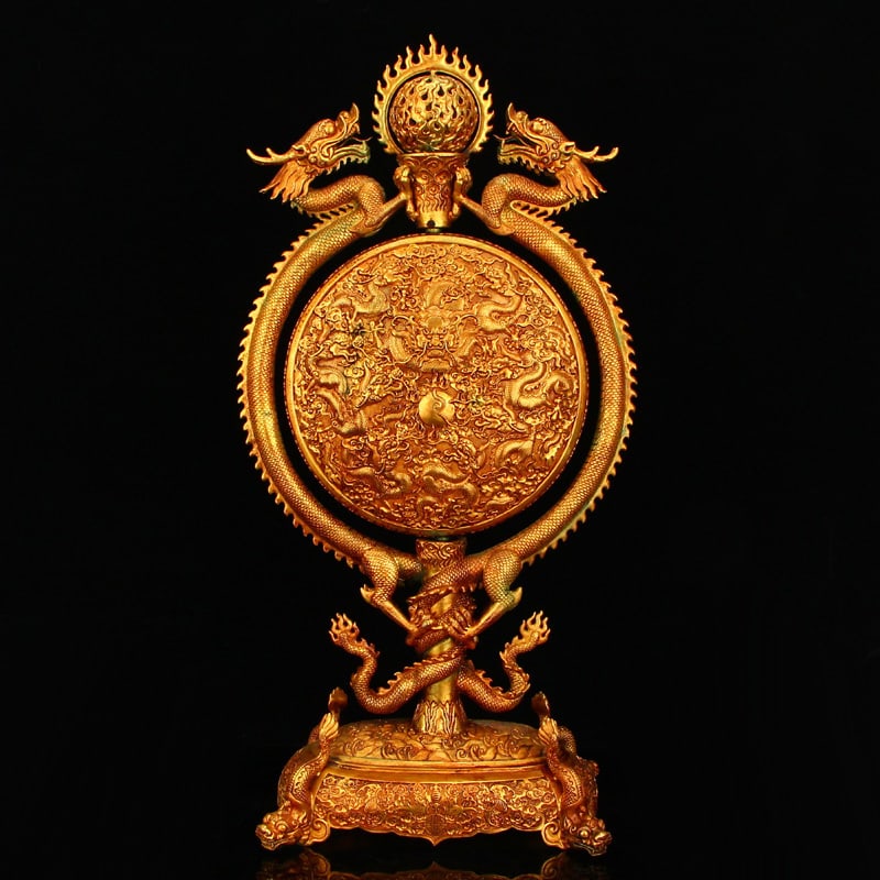 Superb Chinese Gilt Gold Copper Double Dragon Turn Heart Screen w Dragon Base - 9