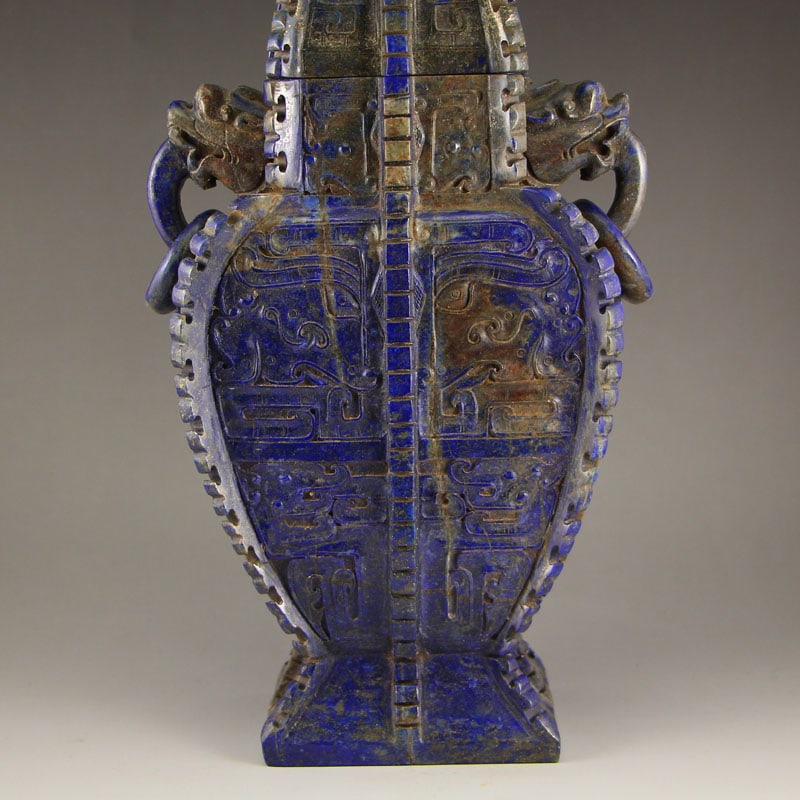 Superb Vintage Chinese Lapis Lazuli Double Rings Big Vase - 2
