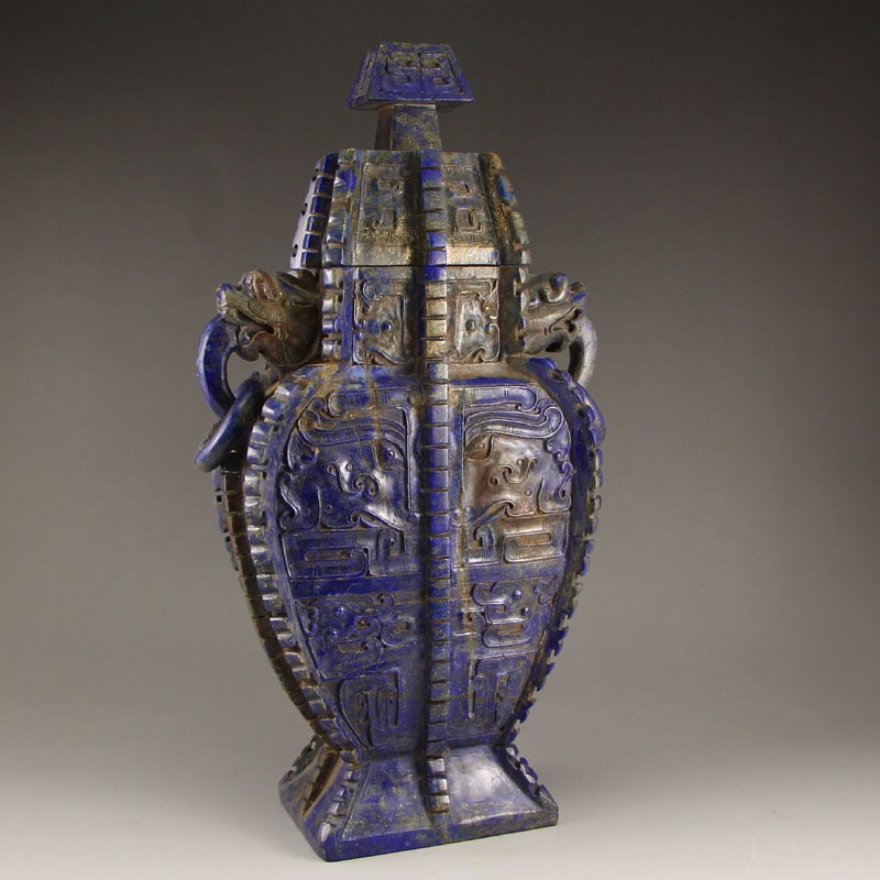Superb Vintage Chinese Lapis Lazuli Double Rings Big Vase - 3