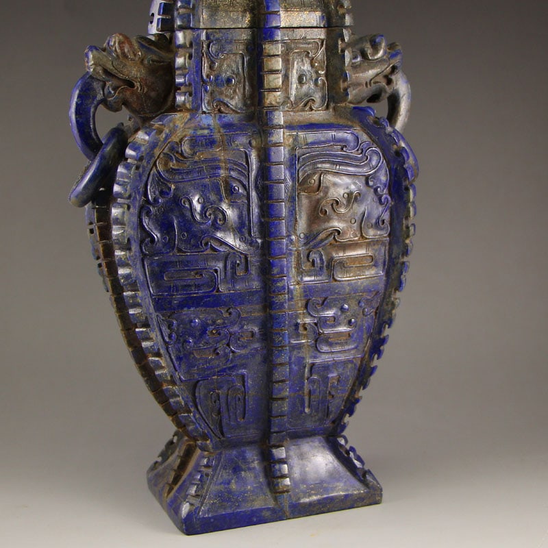 Superb Vintage Chinese Lapis Lazuli Double Rings Big Vase - 4
