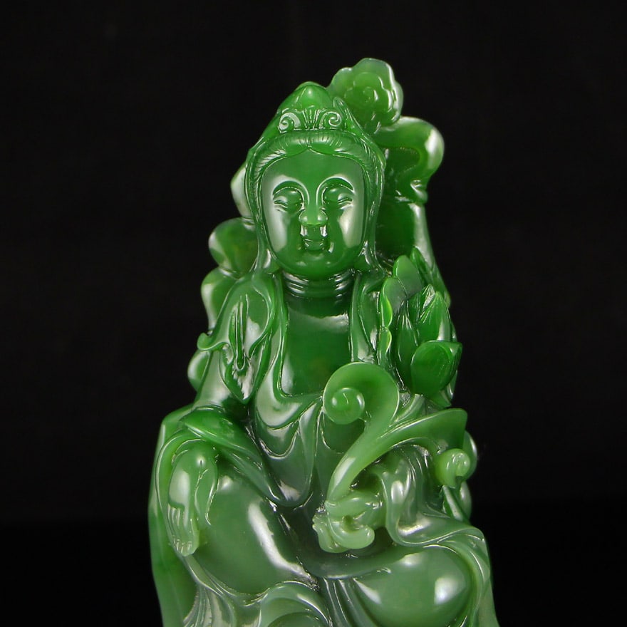 High Quality Chinese Green Hetian Jade Carved Lotus Flower Kwan-yin & Ruyi Statue - 10