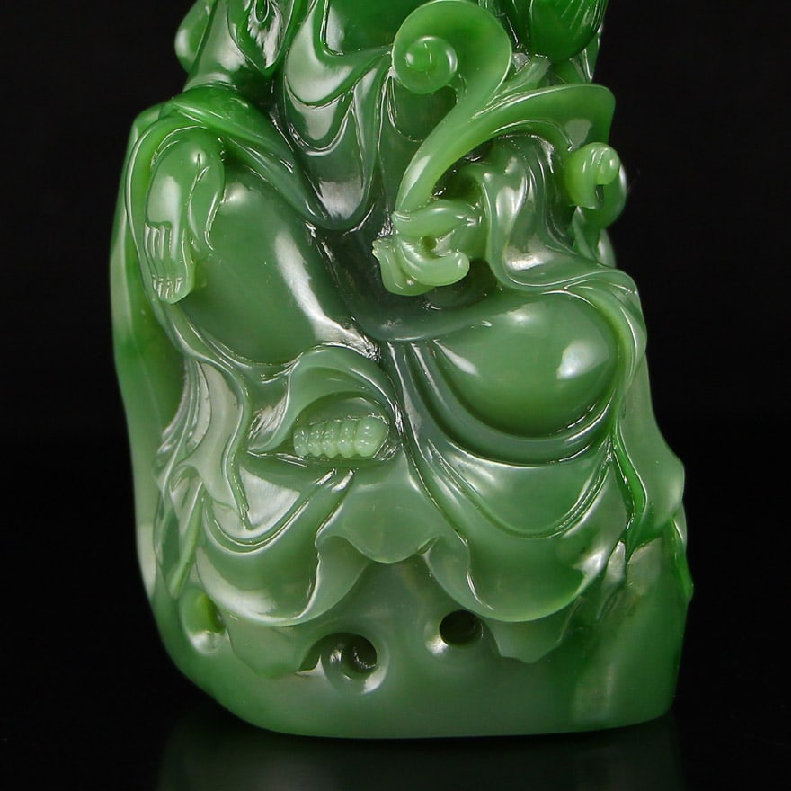 High Quality Chinese Green Hetian Jade Carved Lotus Flower Kwan-yin & Ruyi Statue - 11