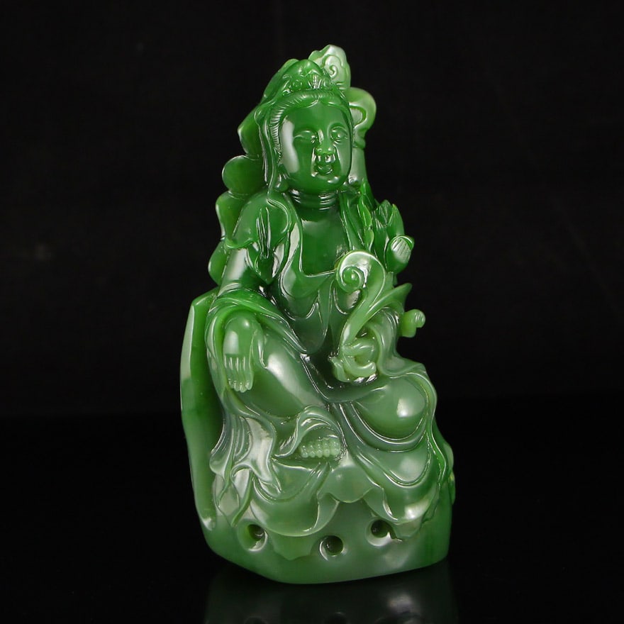 High Quality Chinese Green Hetian Jade Carved Lotus Flower Kwan-yin & Ruyi Statue - 12