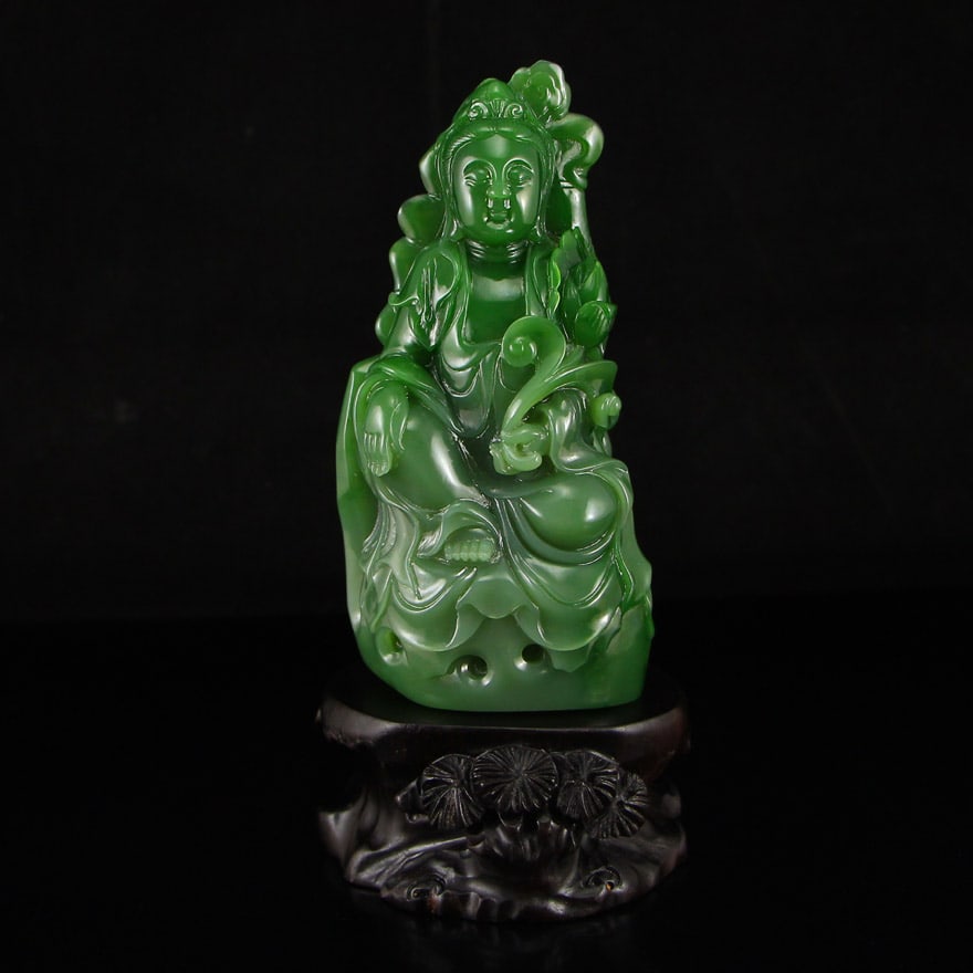 High Quality Chinese Green Hetian Jade Carved Lotus Flower Kwan-yin & Ruyi Statue (1 of 13)
